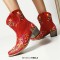Pointed Toe Embroidered Flowers Chunky Heels Cowboy Style Western Boots - Red Faux Leather