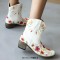 Pointed Toe Embroidered Flowers Chunky Heels Cowboy Style Western Boots - White Faux Leather