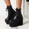 Round Toe Lace Up Punk Gothic Ankle Highs  Platforms Chunky Heels Boots - Black Faux Leather