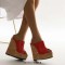 Summer Platform Wedge Peep Toe Cork Sandals - Red Faux Leather