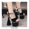 Peep Toe Platforms Chunky Bowling Heels Rhinestones Ankle Buckle Straps Pumps - Black