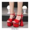 Peep Toe Platforms Chunky Bowling Heels Ankle Buckle Straps Pumps - Red
