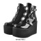 Round Toe Platforms Trible Buckle Straps Side Zipper Gothic Punk Wedges Boots - Black