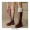 Round Toe Chunky Heels Low Platforms Knee Highs Side Zipper Winter Boots - Auburn