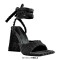 Square Open Toe Ankle Towelling Gladiator Straps Chunky Heels Sandals - Black Flock