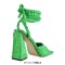Square Open Toe Ankle Towelling Gladiator Straps Chunky Heels Sandals - Green Flock