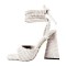 Square Open Toe Ankle Towelling Gladiator Straps Chunky Heels Sandals - White Flock