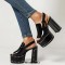Peep Toe Chunky Heels Rivet Decorated Platforms Slingback Sandals - Black