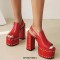 Peep Toe Chunky Heels Rivet Decorated Platforms Slingback Sandals - Red