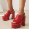 Peep Toe Chunky Heels Rivet Decorated Platforms Slingback Sandals - Red