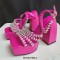 Open Square Toe Chunky Heels Platforms Ankle Buckle Straps Bling Rhinestones Sandals - Rose Red