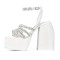 Open Square Toe Chunky Heels Platforms Ankle Buckle Straps Bling Rhinestones Sandals - White