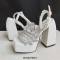 Open Square Toe Chunky Heels Platforms Ankle Buckle Straps Bling Rhinestones Sandals - White