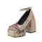 Square Toe Chunky Heels Ankle Buckle Straps Vintage Flower Pattern Sandals - Beige Microfiber
