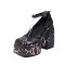 Square Toe Chunky Heels Ankle Buckle Straps Snake Print Pattern Sandals - Black Faux Leather