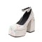 Square Toe Chunky Heels Ankle Buckle Straps Snake Print Pattern Sandals - White Faux Leather