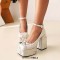 Square Toe Chunky Heels Ankle Buckle Straps Snake Print Pattern Sandals - White Faux Leather