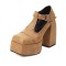 Square Toe Rustic Pueblo Style T Straps Mary Janes Chunky Heels Platforms Pumps - Apricot Tan Faux Leather