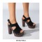 Chunky Heels Platform Peep Toe Buckle Back Strap Flock Outdoor Rivet Sandals  - Black