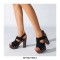 Chunky Heels Platform Peep Toe Buckle Back Strap Flock Outdoor Rivet Sandals  - Black