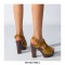 Chunky Heels Platform Peep Toe Buckle Back Strap Flock Outdoor Rivet Sandals  - Yellow