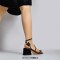 Square Open Butterfly Decorated Ankle Buckle Straps Chunky Heels Summer Sandals - Black Patent