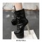 Round Toe Block Heels Platforms Patent Lace Up Ankle Booties - Black