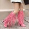 Round Toe Chunky Heels Fringe Decorated Knee highs Boots - Black Flock