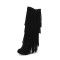 Round Toe Chunky Heels Fringe Decorated Knee highs Boots - Black Flock