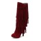 Round Toe Chunky Heels Fringe Decorated Knee highs Boots - Wine Flock