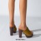 Peep Toe Rivet Decorated Suede Platforms Chunky Heels Sandals - Yellow