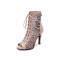 Italian Heels Lace Up Peep Toe Leopard Transparent Mesh Patent Back Zipper Pumps - Beige