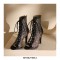 Italian Heels Lace Up Peep Toe Leopard Transparent Mesh Patent Back Zipper Pumps - Black