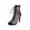 Italian Heels Lace Up Peep Toe Leopard Transparent Mesh Patent Back Zipper Pumps - Black