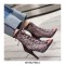Italian Heels Lace Up Peep Toe Leopard Transparent Mesh Patent Back Zipper Pumps - Wine Red