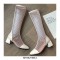 Chunky Heels Back Zipper Knee High Transparent Dots Mesh Boots - Beige