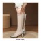 Chunky Heels Back Zipper Knee High Transparent Cut-Out Mesh Boots - Silver
