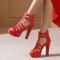 Palm Springs Peep Toe Cuban Heels Ankle T-Straps Gladiator Summer Platform with Back Zipper - Red