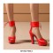 Peep Toe Square Cover Heels Platform Ankle Lace Up Pumps with Back Zipper - Red