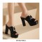Manhattan Peep Toe Cuban Heels Platform Summer Sandals - Black