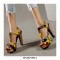 Peep Toe Cuban Heels T Straps Flower Print Platform Sandals - Yellow