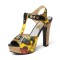 Peep Toe Cuban Heels T Straps Flower Print Platform Sandals - Yellow