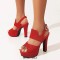 Peep Toe Platforms Glitters Blings Block Heels Slingback Sandals - Red