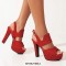 Peep Toe Platforms Glitters Blings Block Heels Slingback Sandals - Red