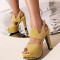 Peep Toe Platforms Glitters Blings Block Heels Slingback Sandals - Yellow