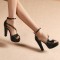 Santorini Peep Toe Cuban Heels Ankle Buckle Strap DOrsay Summer Party Platform - Black