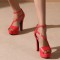 Santorini Peep Toe Cuban Heels Ankle Buckle Strap DOrsay Summer Party Platform - Red