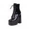 Round Toe Chunky Heels Side Zipper Platforms Ankle Straps LaceUp Boots - Black