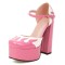 Round Toe Flame Stitched Chunky Heels Ankle Buckle Straps Dorsay Platforms Pumps - Pink