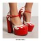Round Toe Flame Stitched Chunky Heels Ankle Buckle Straps Dorsay Platforms Pumps - Red